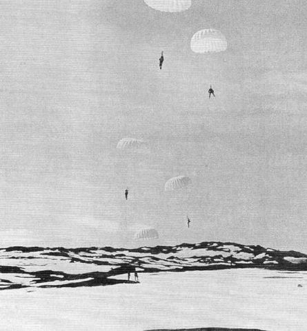 Fallschirmjägers aterrizando en Narvik, Noruega. Mayo 1940