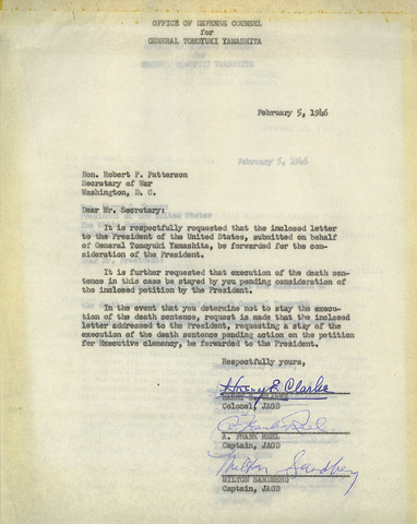Carta al Secretario de Guerra Robert Patterson EE.UU. solicitando clemencia, 5 de febrero 1946