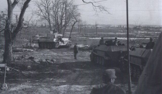 Tigers y semiorugas del S. Pz. Abt. 502 se encuentran en una intersección durante los combates en Narva. Marzo 1944