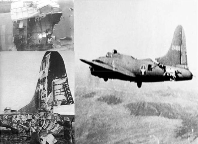 Los B-17 sufrían grandes daños en sus incursiones y aún así volvían a salvo a sus bases en Inglaterra